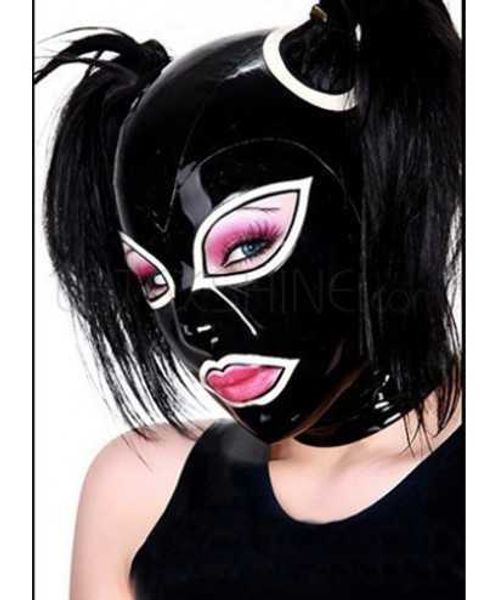 

set black latex hood mask fetish pull-through holes for hairhkd230703, Black;white