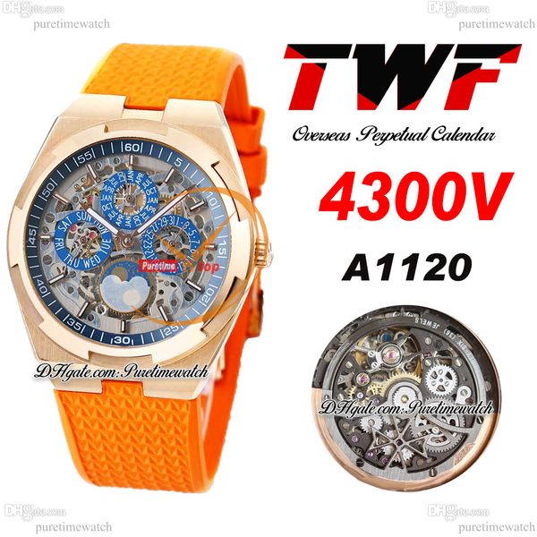 

twf overseas perpetual calendar moonphase 4300v a1120 automatic mens watch rose gold blue skeleton dial orange rubber super version reloj ho, Slivery;brown