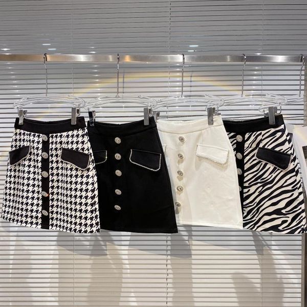 

dresses prepomp 2022 summer new design single breasted buttons rhinestone black white plaid short mini skirt women gb269, White;black