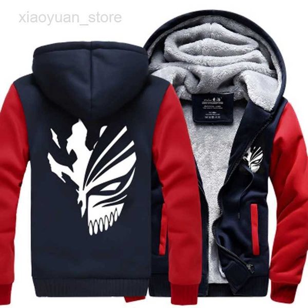 

men's hoodies anime bleach hoodies men 2023 winter thicken fleece kurosaki ichigo zip up hoodie warm parkas jacket coat hkd230704, Black