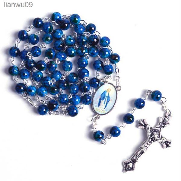 

vintage cross rosary necklace 6mm round blue glass beads virgin mary jesus pendant necklace women catholic religious jewelry l230704, Silver