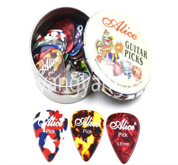 

alice big round metal pick holder case box with 20pcs pearl celluloid guitar picks 6860219