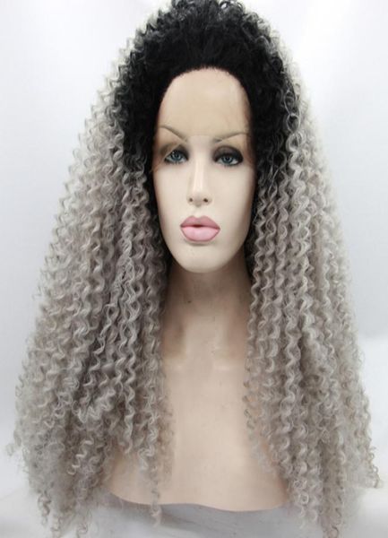 

ombre afro kinky curly gray synthetic lace front wig glueless two tone natural blacksilver grey heat resistant hair women wigs7016275, Black