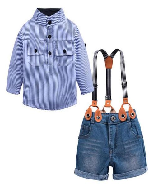 

summer baby boys denim sets clothing blue striped casual shirtssuspender shorts jeans pants 2pc suits costume kids clothes6137043, White