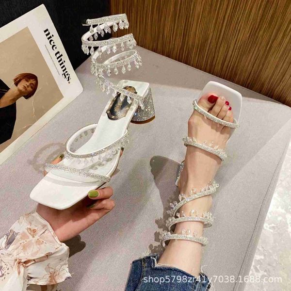 

netizen snake wrapped sandals fairy style 2023 summer new banquet fashion thick heel rhinestone high heels, Black