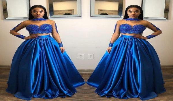 

royal blue two pieces prom dresses lace appliques sheer high neck long sleeves evening gowns floor length zipper back party 9719992, Black