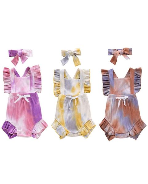 

ins tie dyed newborn bodysuits infant bow jumpsuits headbands 2pcsset baby ruffle romper fashion boutique kids climbing clothes8993394, Blue