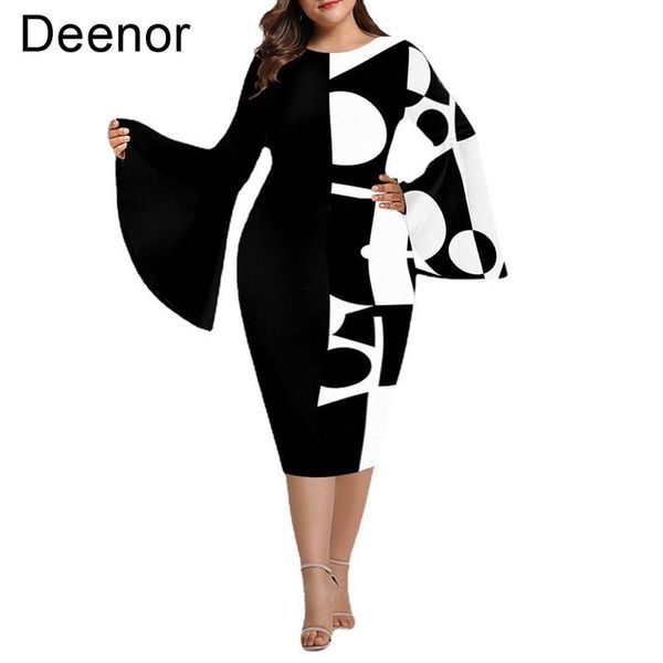 

dresses deenor plus size dress geometric print club vestidos long sleeve women's dress casual elegant evening party dresses, Black