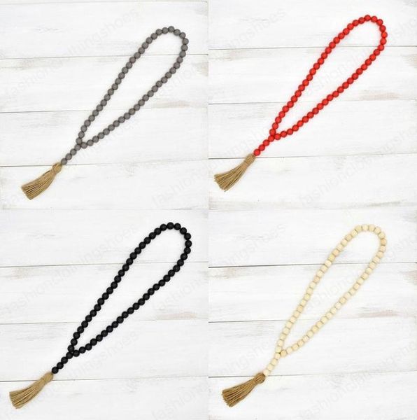

natural wooden tassel bead string chain hand made wood farmhouse decoration beads with tassel hemp rope home wall decor hanging7570159