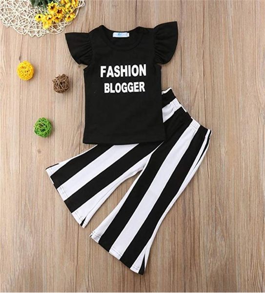 

baby kids girls clothes summer girls tshirt trousers 2 piece sets kids designer clothes ruffle letter tshirt striped trousers 385781729, White