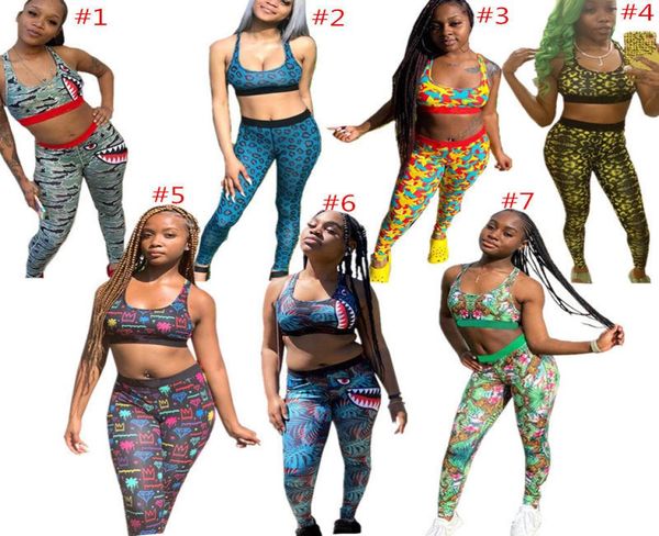 

fashion letter swimwear women designer tracksuit sleeveless tanks vest pants leggings 2 piece outfits shark print swimsuit quick9606372, White