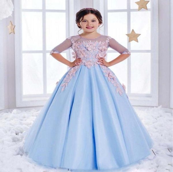 

sweet tulle pageant ball gown half sleeves light blue open back gorgeous scoop chapel train flower girl dresses for weddings2498792, White;blue