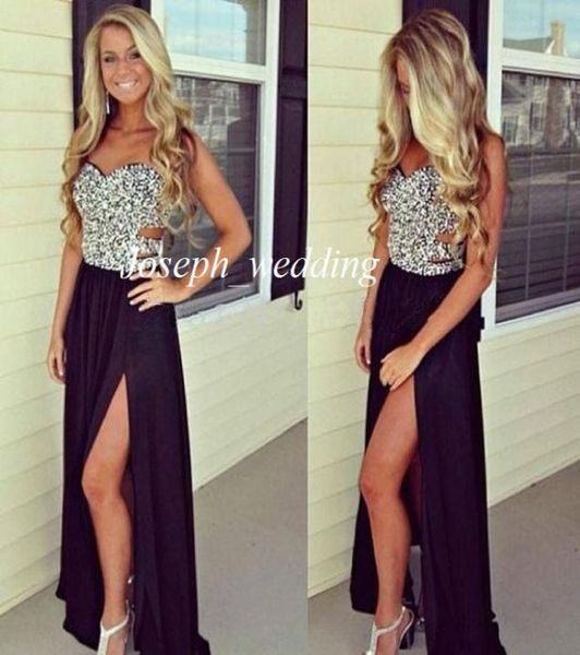 

new bling bling black long prom dresses selling sweetheart beaded side slit girls formal evening gowns3364571