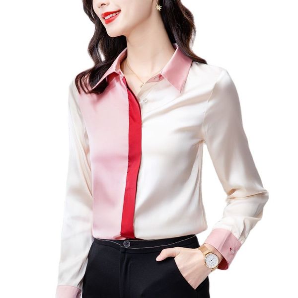 

luxury designer satin women blouses long sleeve vintage lapel classic button up shirts hit color formal blouses 2023 girl back to school ele, White