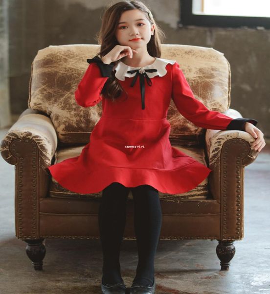 

girls christmas dress preppy style kids doll lapel long sleeve pleated dress children falbala princess dress a49025028153, Red;yellow