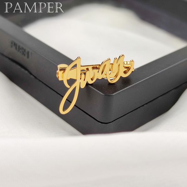 

pins brooches pamper personalized cursive name brooch custom nameplate pin dainty stainless steel suit accessories wedding groom gifts 23070, Gray