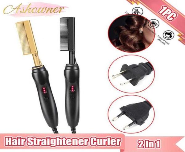 

hair straighteners 2 in 1 comb electric for curler wet dry use flat irons heating us eu w22103125715743084777, Black