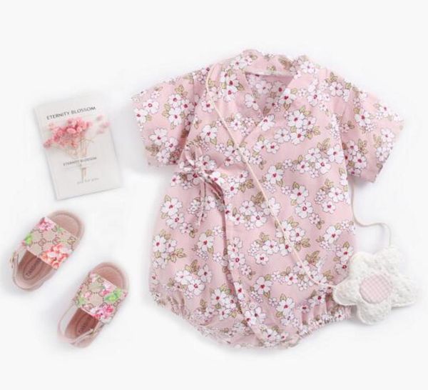 

baby kids designer clothes romper summer short sleeve cartoon flower print romper clothes 100 cotton girl kid rompers 02t7078696, Blue