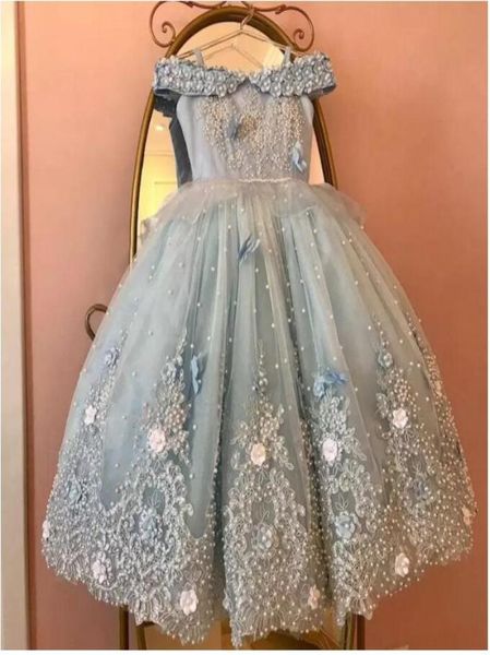 

2022 cute light sky blue girls pageant dresses princess tulle lace appliques pearls kids flower girl dress ball gown birthday gown7100674, White;red