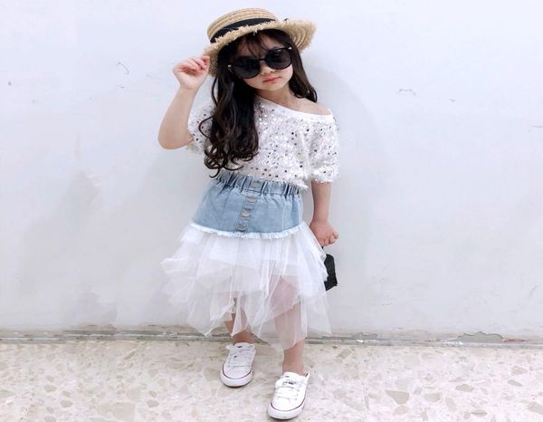 

spring summer girls tutu skirt baby denim skirt kids fashion skirt children bottoms streetwear jeans layered mesh 4 to 14 yrs y2001114252, Blue