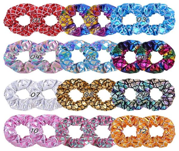 

12 colors ponytail holder scale hair scrunchy elastic laser hair bands scrunchy hairbands ties ropes for women girls5690668, Slivery;white
