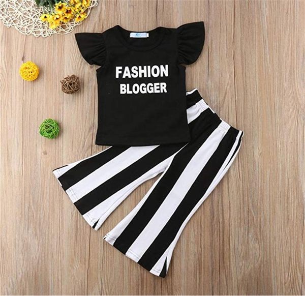 

baby kids girls clothes summer girls tshirt trousers 2 piece sets kids designer clothes ruffle letter tshirt striped trousers 389445492, White
