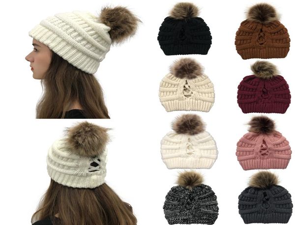 

16style criss cross pom pom beanies women girl winter knitted hats outdoor ponytail beanie detachable pompom hat knit cross cap gg4673792, Yellow