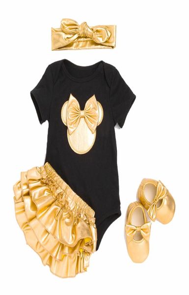 

baby girls clothing sets cotton rompers golden mouse ruffle bloomers shorts headband shoes 4pcs suits newborn kids clothes y2008295313377, White