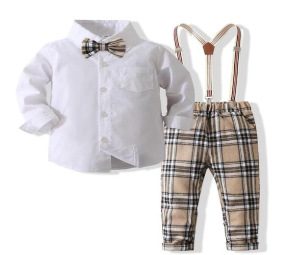 

baby boys gentleman style clothing sets spring autumn kids white long sleeve shirt with bowtieplaid suspender pants 2pcs set chil2782168