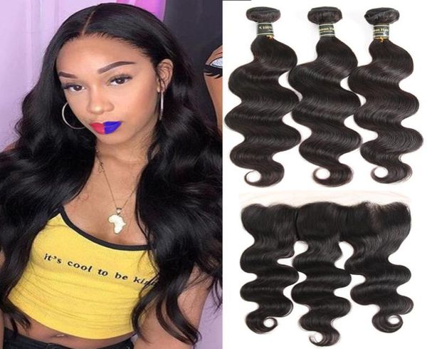

9a unprocessed malaysian virgin hair extensions body wave human hair 3 bundles with 13x4 lace frontal remy human hair wefts wi1850269, Black;brown