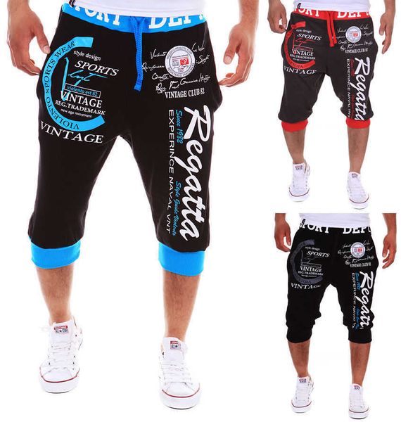 

summer digital alphabet printed men's capris fashion sports leggings beach casual pants, White;black
