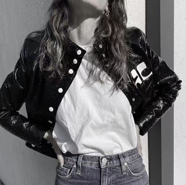 

courreges fashion classic trendy cloth women embroidered stand collar black pu short jacket designer skirt high waist pu leather, Black;brown