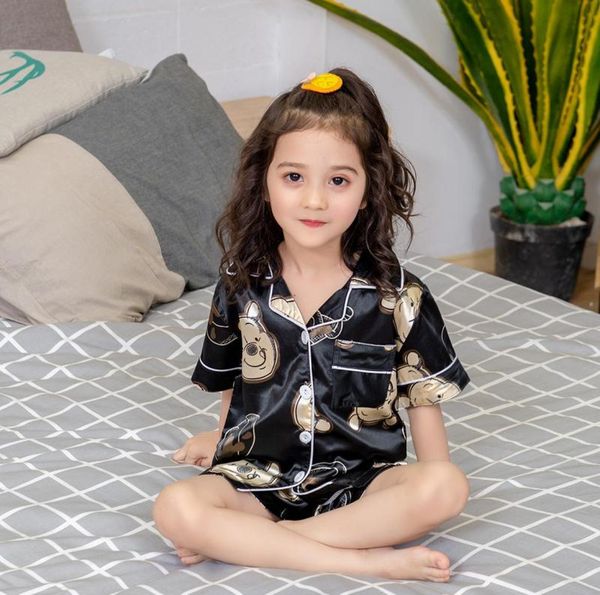 

spring children pajamas suit 2020 summer kids soild silk pajamas set boys homewear stain girls short sleeve pyjamas set9416568, Blue;red
