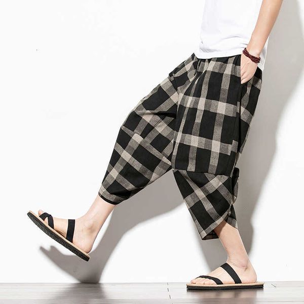 

2023 summer new linen capris loose size wide leg checker men's casual pants trend, White;black