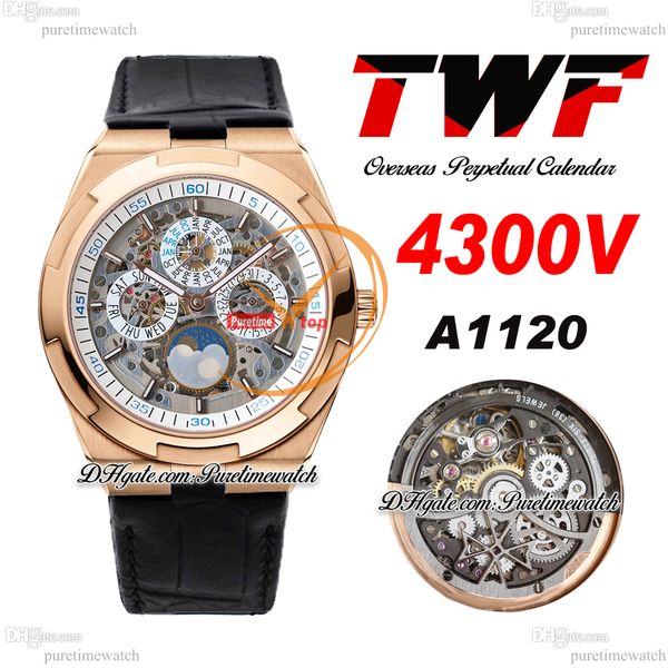 

twf overseas perpetual calendar moonphase 4300v a1120 automatic mens watch rose gold white skeleton dial black leather super version reloj h, Slivery;brown