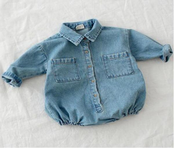 

autumn baby toddler long sleeve lapel collar denim jeans rompers kids infant jumpsuits baby boys girls clothes fashion rompers1402105, Blue