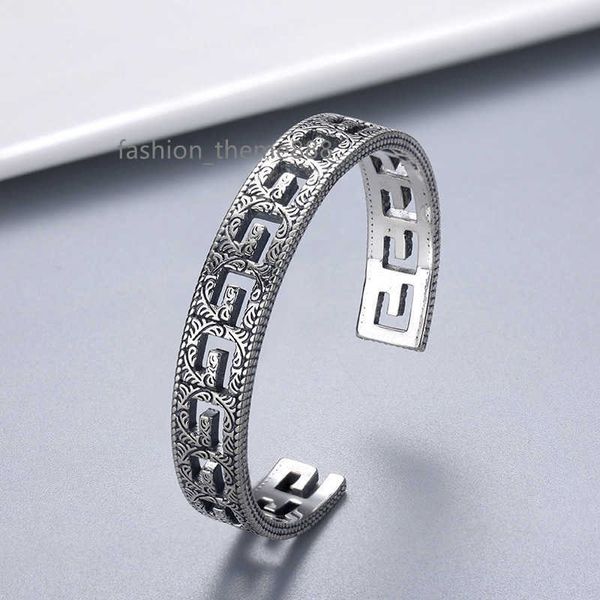 

thai silver dletter bangle hollow out fashion carved pattern men's and women's punk bracelet, Black