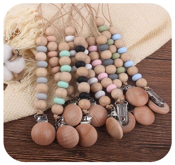 

baby pacifier holders chain clips weaning teething natural wooden silicone beads kids chew toys infant food grade soother b81429008158