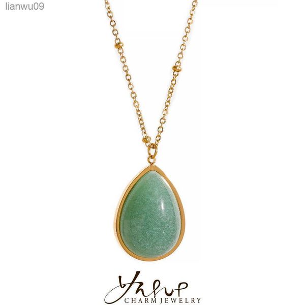 

yhpup water drop amethyst green aventurine natural stone necklace stainless steel fashion charm pendant jewelry tarnish l230704, Silver