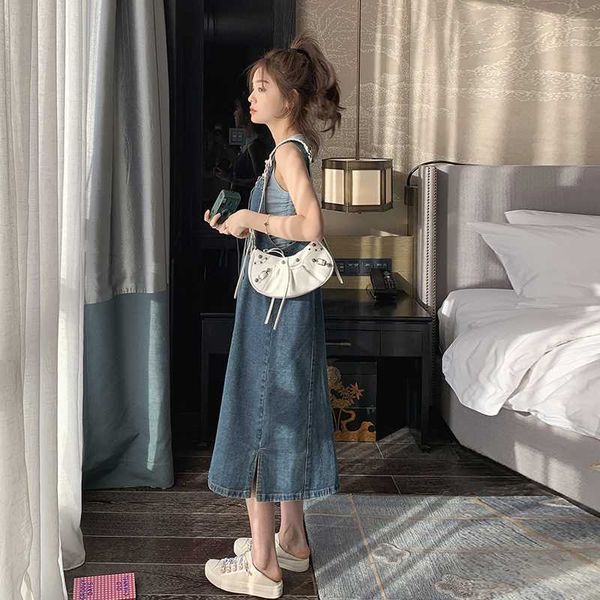 

simple fashion washed cowboy suspenders dress personality women's dress, Black;gray