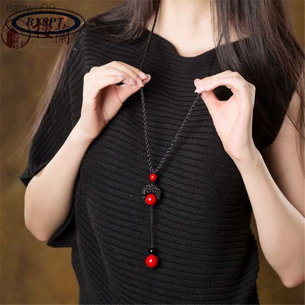 

byspt manmade knotted red stone beads long tassel retro ethnic necklace sweater chains l230704, Silver