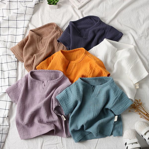 

tshirts 2023 cotton linen baby boy t shirts summer toddler comfortable girls children clothing kids button tees 140cm height 230703, Blue