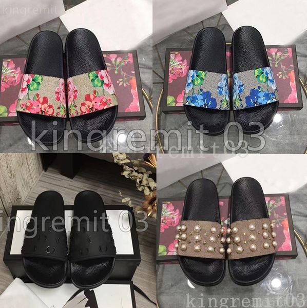 

designer slippers brand slides men womens rubber slipper summer sandals flowers fashion floral flats beach shoes bottoms slider with box, Black