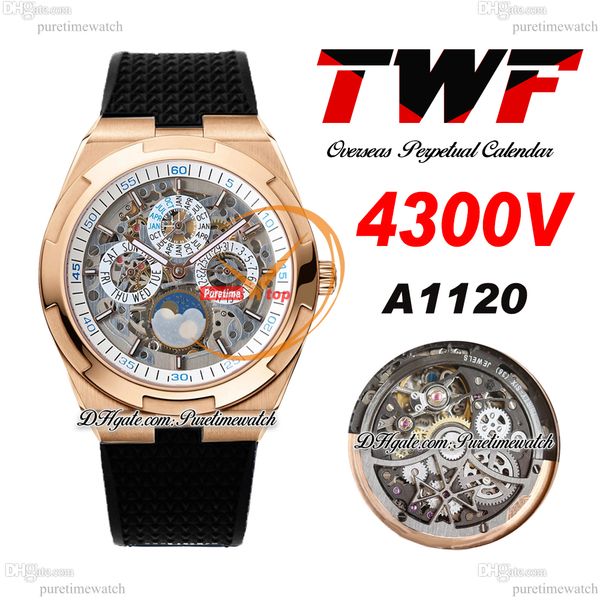 

twf overseas perpetual calendar moonphase 4300v a1120 automatic mens watch rose gold white skeleton dial black rubber super version reloj ho, Slivery;brown