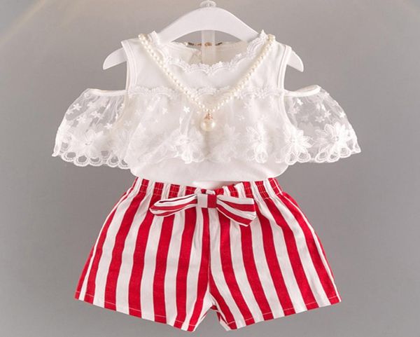 

2019 summer new korean lace shoulder with striped shorts two children039s suits one hair replacement q07014104301, White