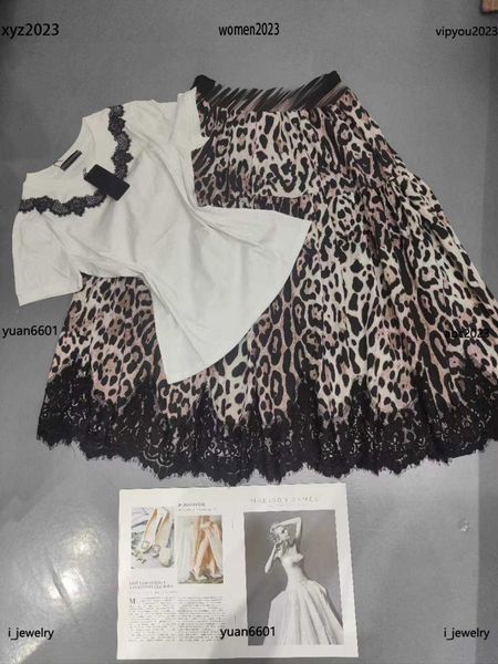

womens designer clothing girl two piece dress size s-l lace round neck t-shirt and leopard print long skirt july02, White