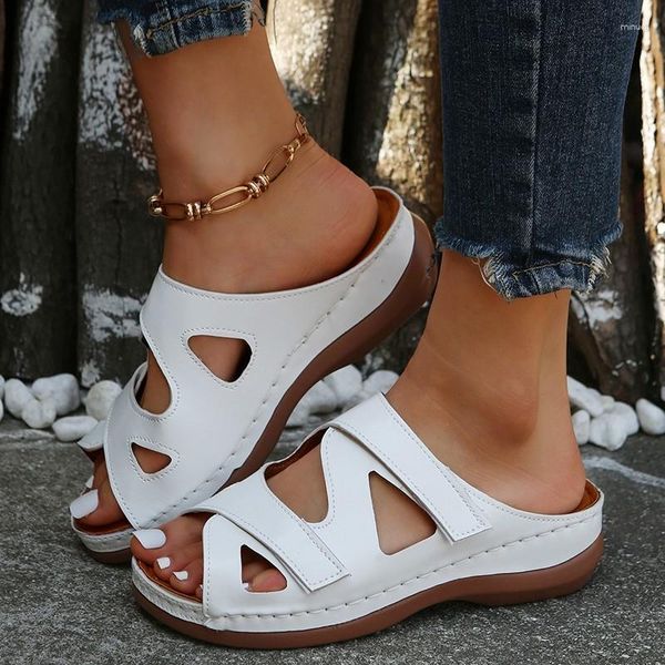

slippers white plus size wedge sandals women summer hollow out platform sandles woman pu leather non slip beach flip flops, Black
