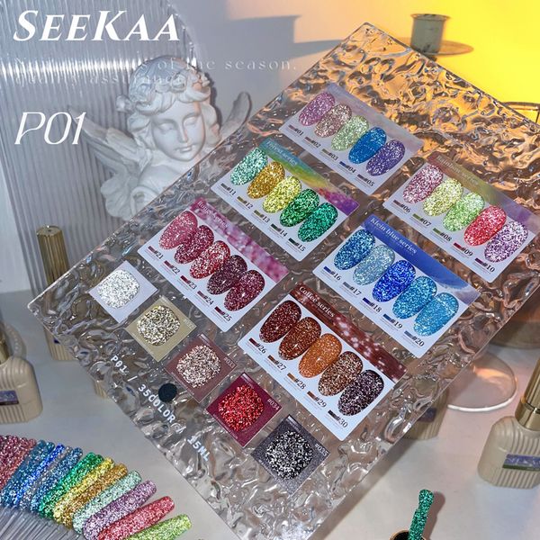 

false nails glitter reflective gel nail polish semi permanent holographic sequins soak off uv colorful diy art varnishes 230704, Red;gold