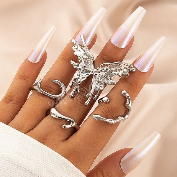 

vintage punk gold color liquid butterfly rings set for women fashion irregular geometric metal knuckle rings aesthetic jewelry, Silver