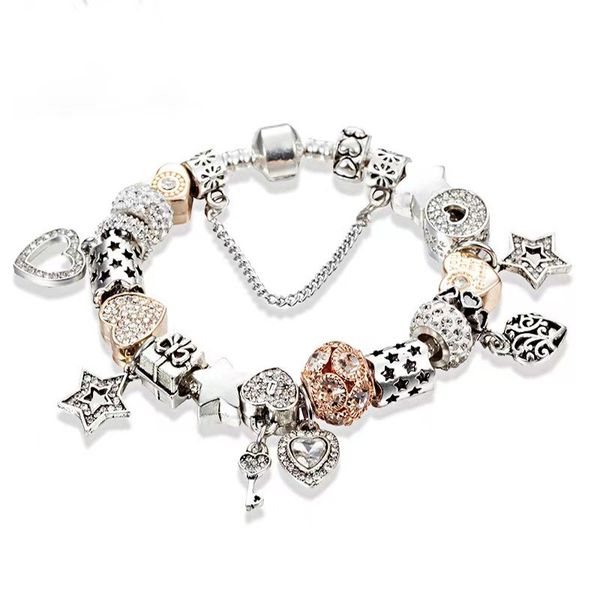 

luxury designer jewelry 925 silver bracelet charm bead fit pandora plated heart-shaped and key slide bracelets beads european style charms b, Golden;silver